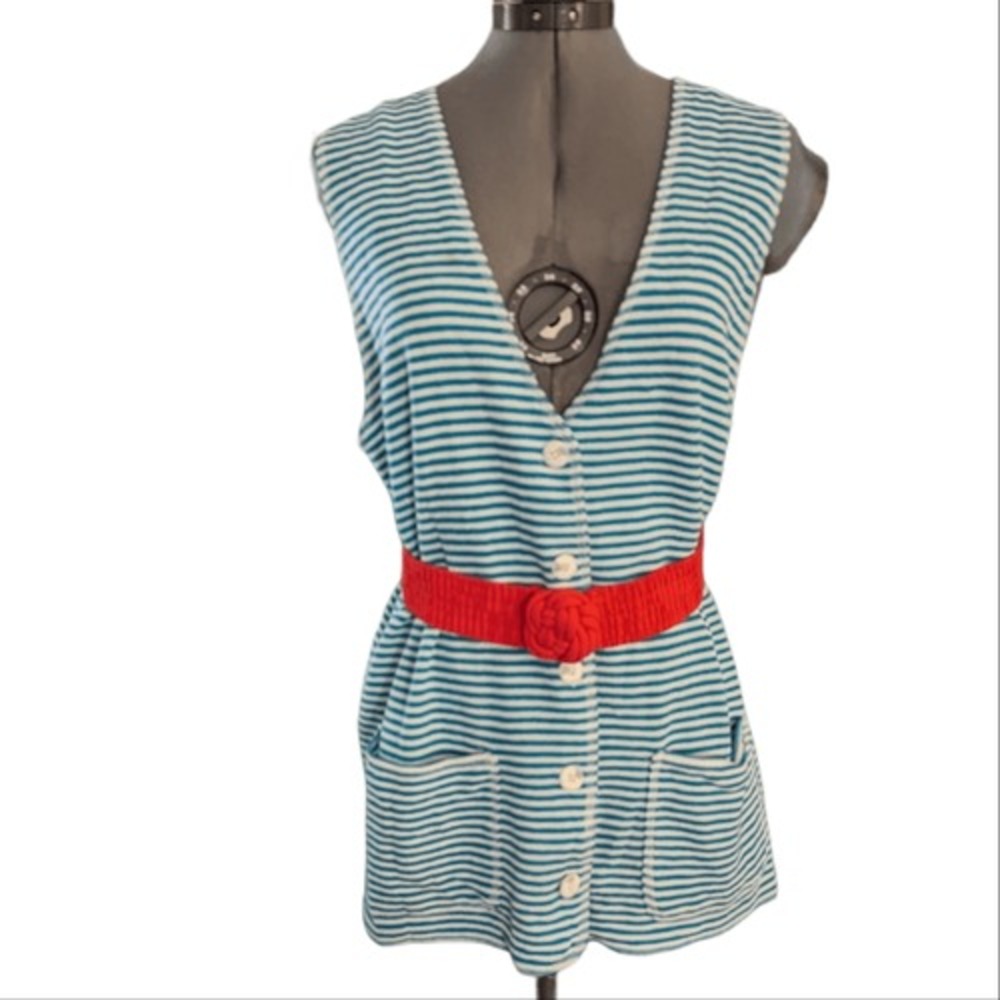 Vintage New York style green and white striped long vest size medium